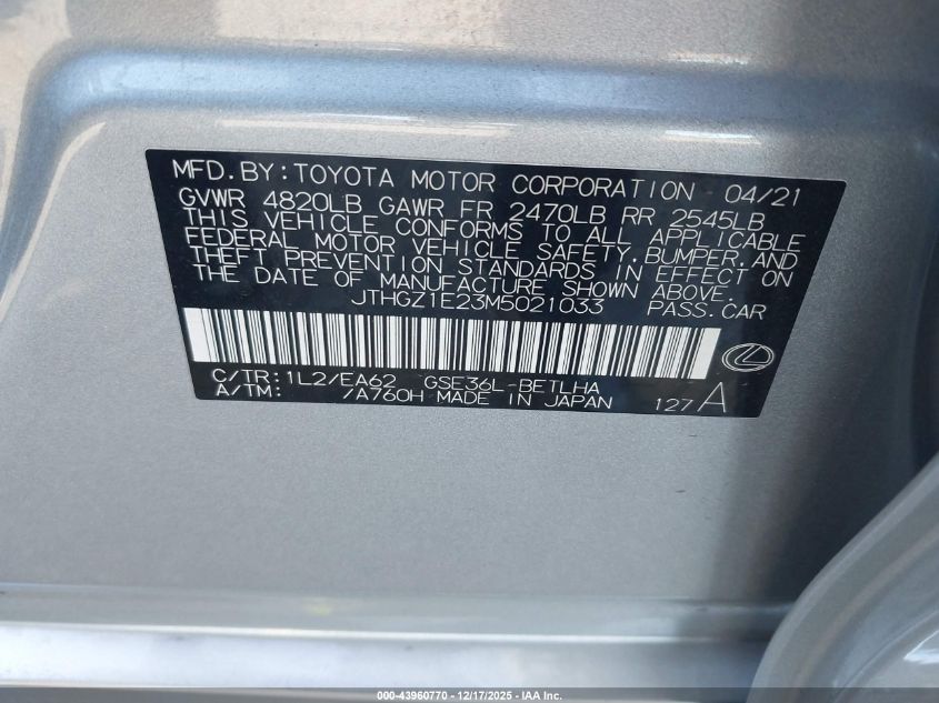 2021 Lexus Is 350 F Sport VIN: JTHGZ1E23M5021033 Lot: 43960770