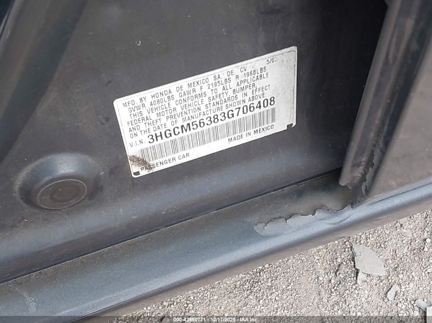 2003 Honda Accord 2.4 Lx VIN: 3HGCM56383G706408 Lot: 43960771