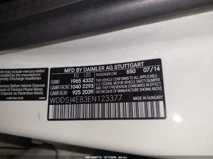 2014 Mercedes-Benz Cla 250 VIN: WDDSJ4EB3EN123377 Lot: 43960778