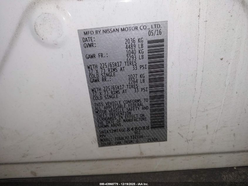 2016 Nissan Rogue S VIN: 5N1AT2MT4GC848088 Lot: 43960779