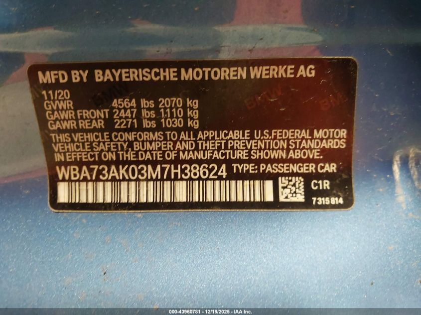 2021 BMW 228I Gran Coupe xDrive VIN: WBA73AK03M7H38624 Lot: 43960781