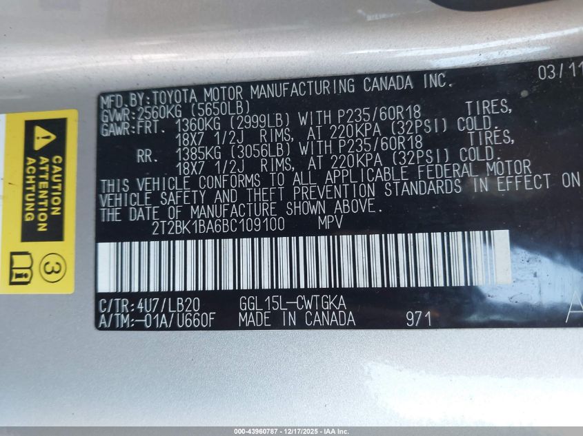 2011 Lexus Rx 350 VIN: 2T2BK1BA6BC109100 Lot: 43960787