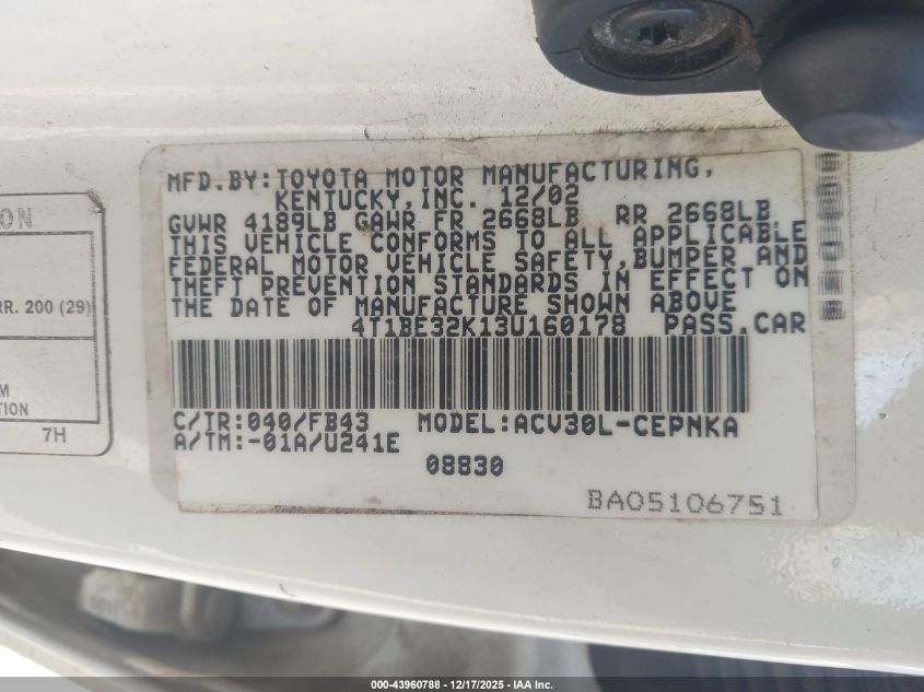 2003 Toyota Camry Le VIN: 4T1BE32K13U160178 Lot: 43960788