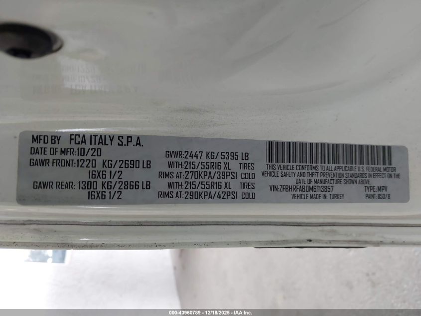 2021 Ram Promaster City Tradesman VIN: ZFBHRFAB0M6T13857 Lot: 43960789