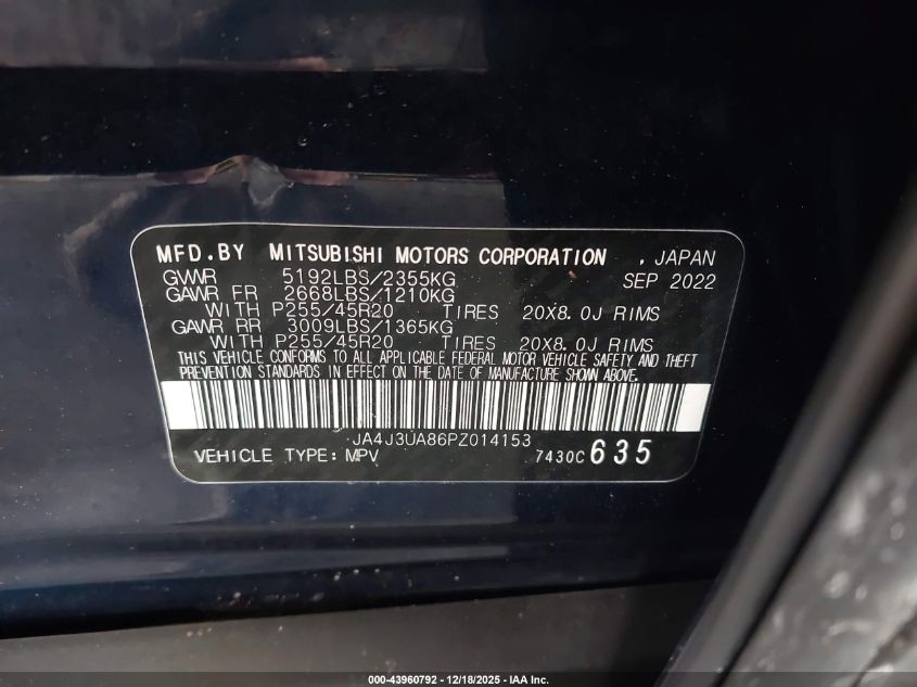 2023 Mitsubishi Outlander Se 2.5 2Wd/Se Black Edition 2Wd/Se Special Edition 2Wd VIN: JA4J3UA86PZ014153 Lot: 43960792