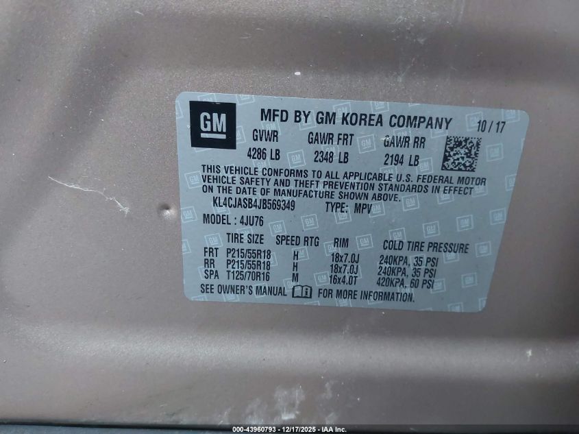 2018 Buick Encore Preferred VIN: KL4CJASB4JB569349 Lot: 43960793