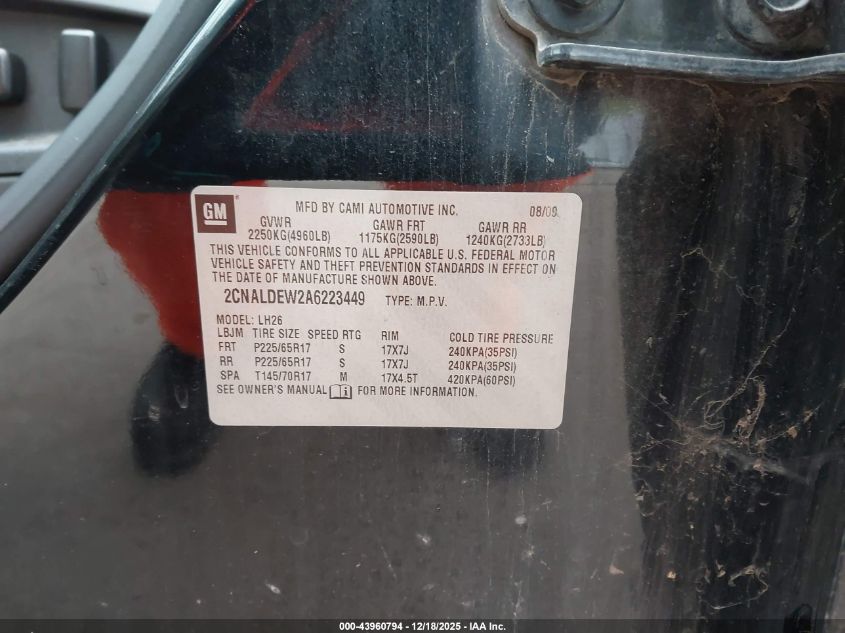 2010 Chevrolet Equinox Lt VIN: 2CNALDEW2A6223449 Lot: 43960794