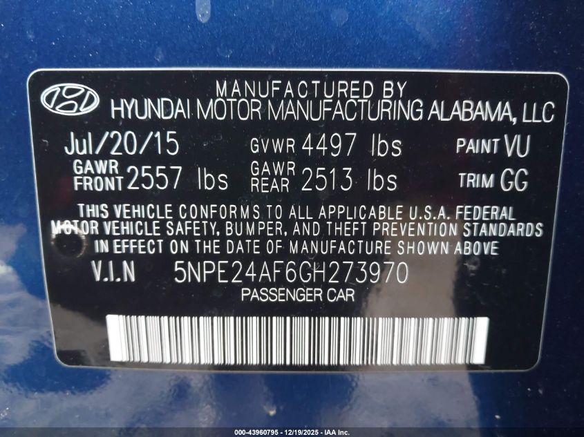 2016 Hyundai Sonata Se VIN: 5NPE24AF6GH273970 Lot: 43960795