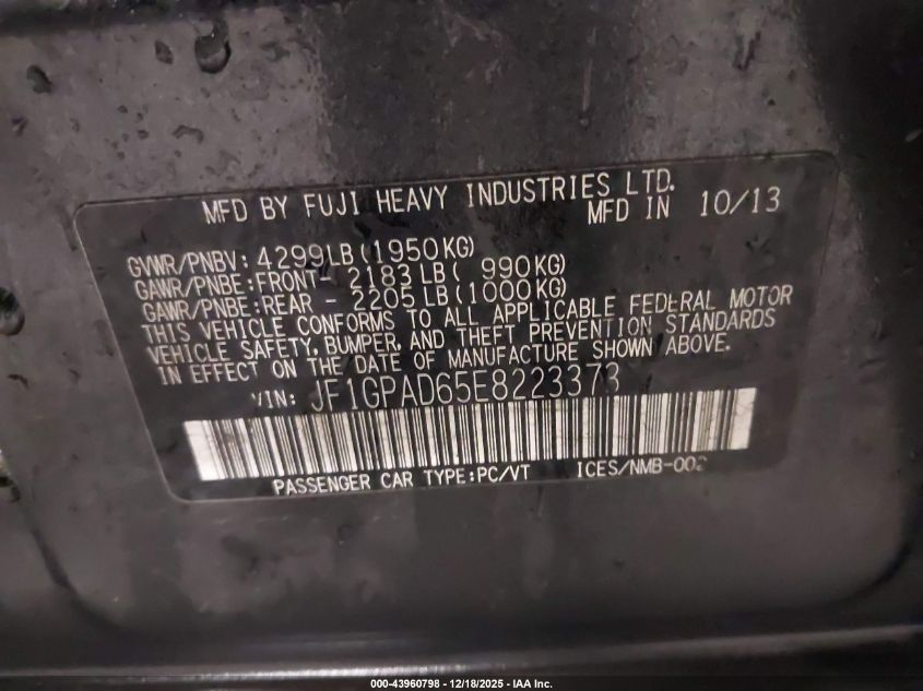 2014 Subaru Impreza 2.0I Premium VIN: JF1GPAD65E8223373 Lot: 43960798
