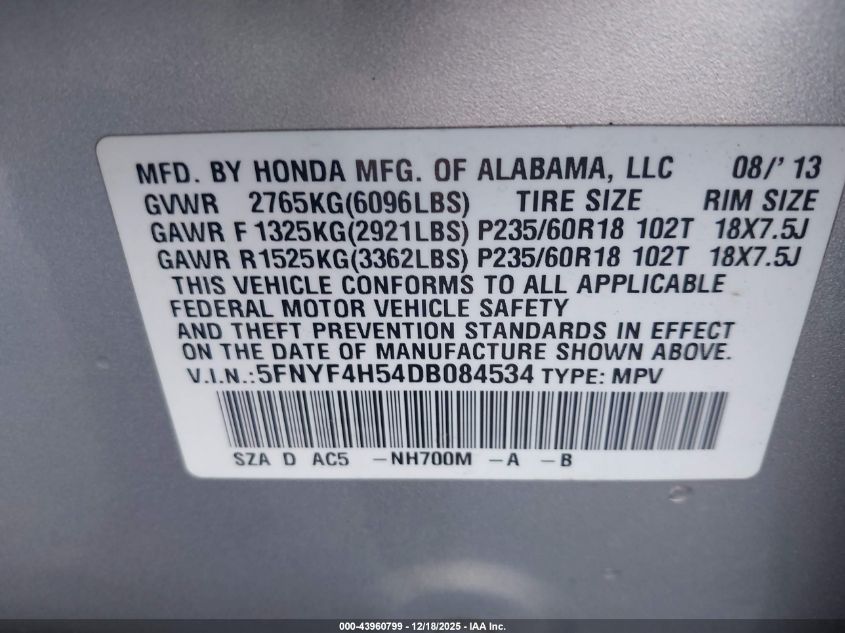 2013 Honda Pilot Ex-L VIN: 5FNYF4H54DB084534 Lot: 43960799
