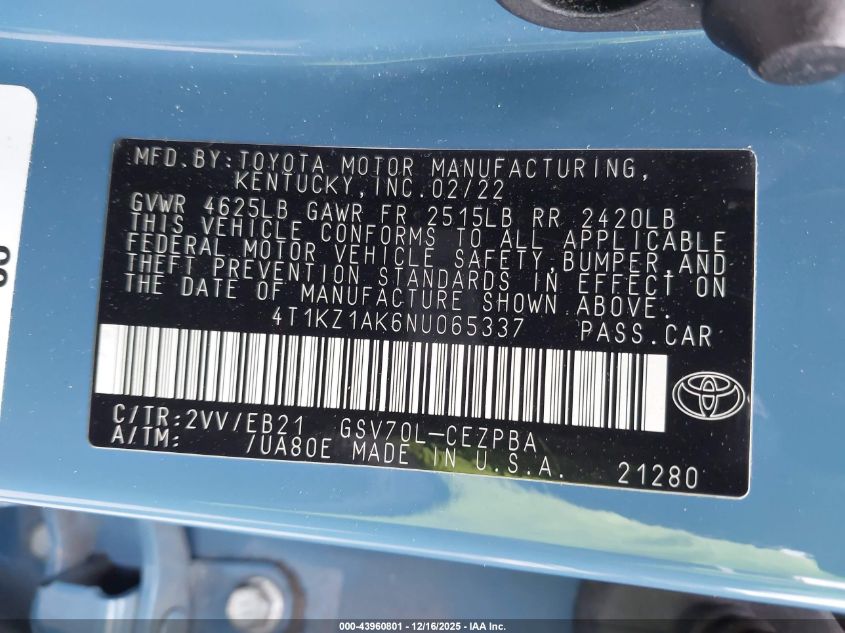 2022 Toyota Camry Trd VIN: 4T1KZ1AK6NU065337 Lot: 43960801