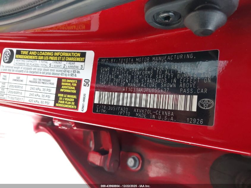 2023 Toyota Camry Le Hybrid VIN: 4T1C31AK3PU055437 Lot: 43960804
