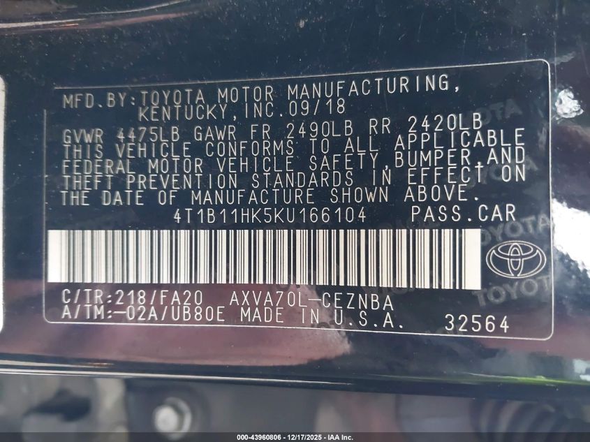 2019 Toyota Camry Le VIN: 4T1B11HK5KU166104 Lot: 43960806