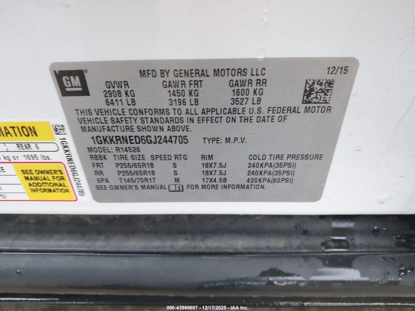 2016 GMC Acadia Sle-1 VIN: 1GKKRNED6GJ244705 Lot: 43960807