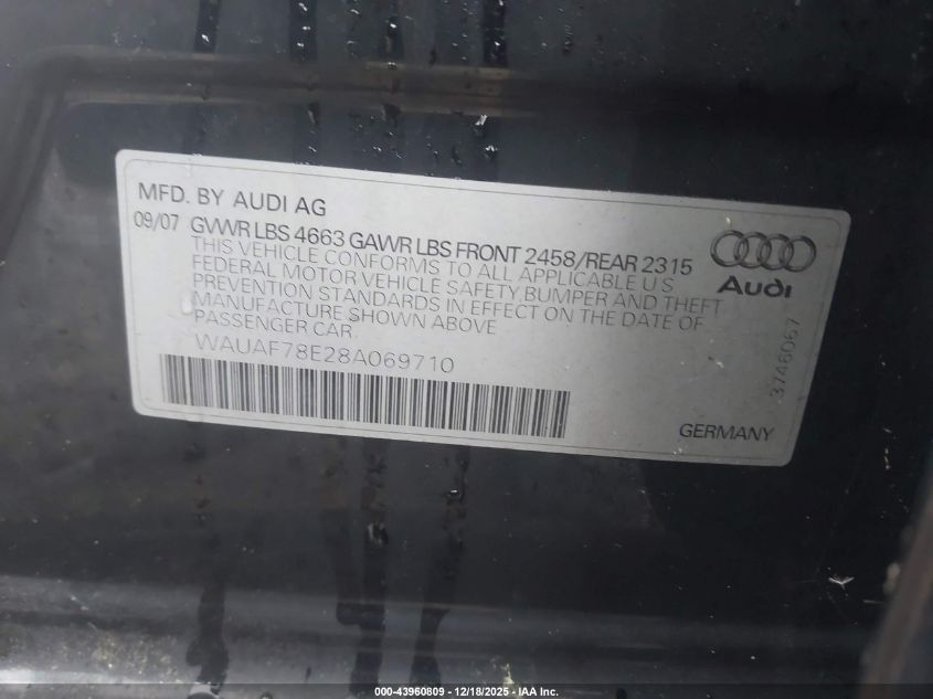 2008 Audi A4 2.0T VIN: WAUAF78E28A069710 Lot: 43960809