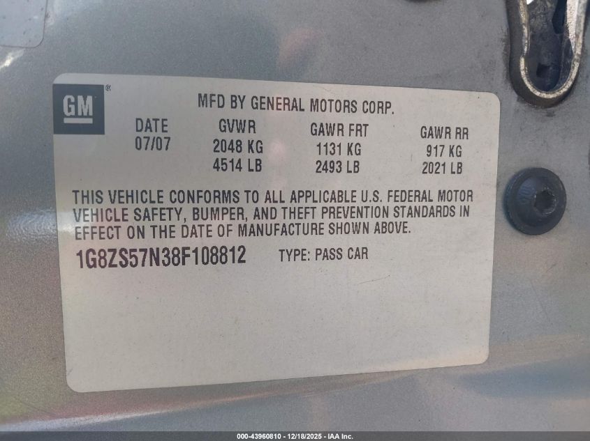 2008 Saturn Aura Xe VIN: 1G8ZS57N38F108812 Lot: 43960810