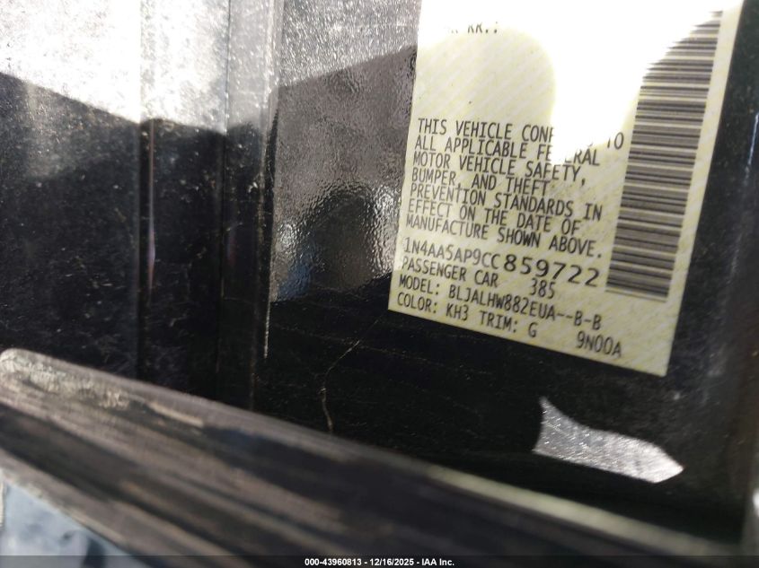 2012 Nissan Maxima 3.5 Sv VIN: 1N4AA5AP9CC859722 Lot: 43960813