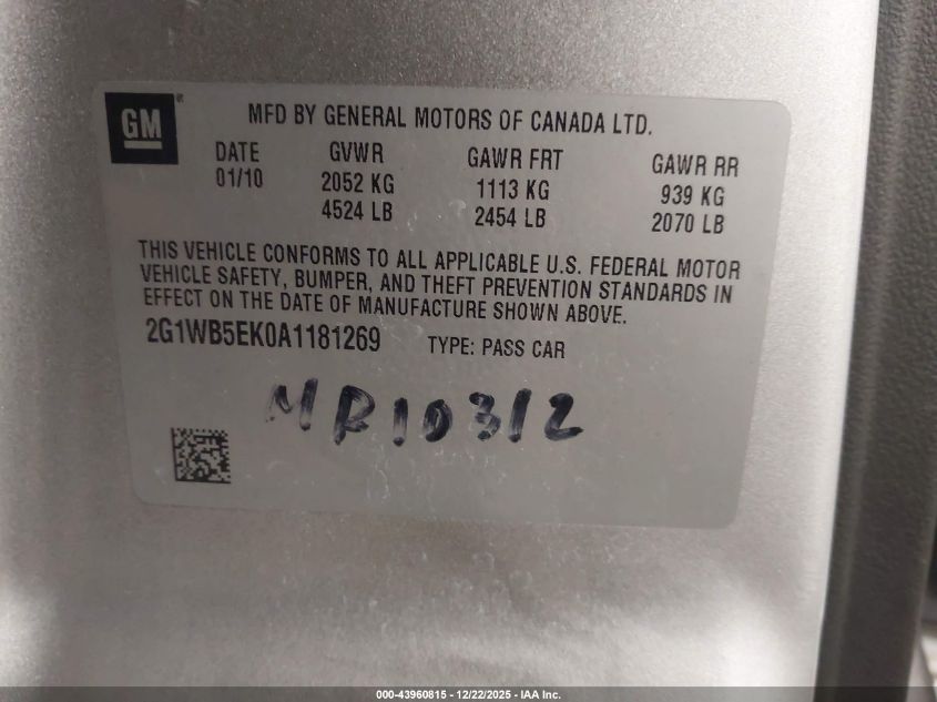 2010 Chevrolet Impala Lt VIN: 2G1WB5EK0A1181269 Lot: 43960815