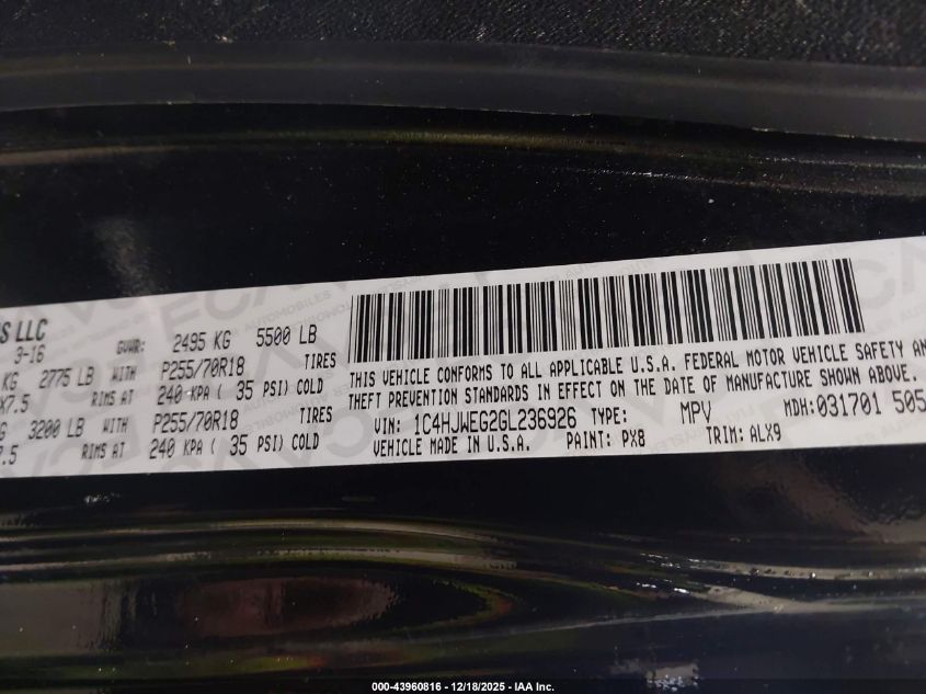 2016 Jeep Wrangler Unlimited Sahara VIN: 1C4HJWEG2GL236926 Lot: 43960816