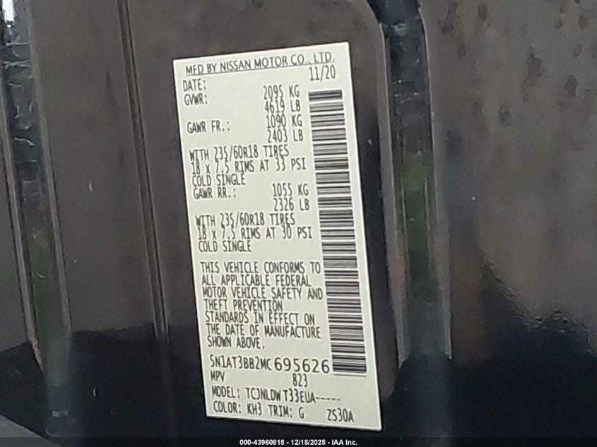 2021 Nissan Rogue Sv Intelligent Awd VIN: 5N1AT3BB2MC695626 Lot: 43960818