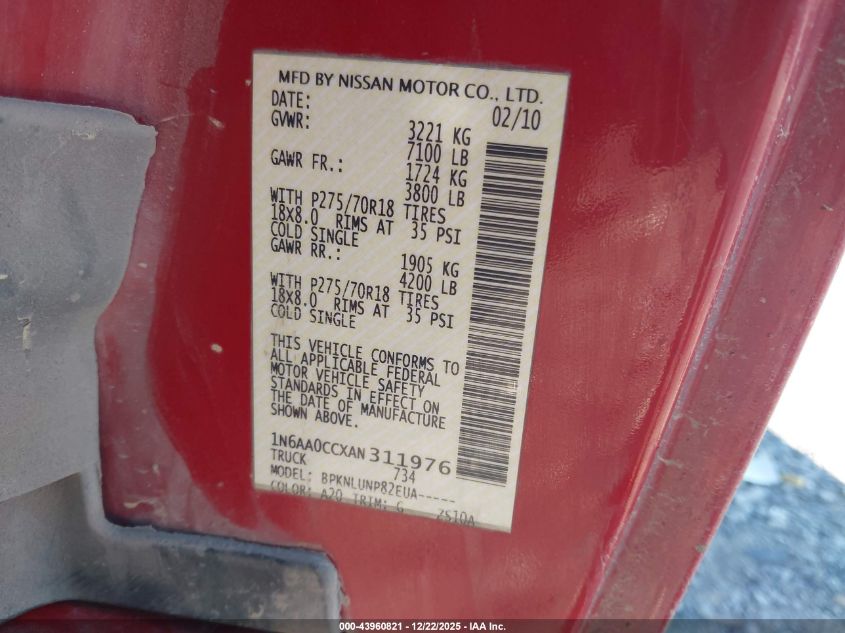 2010 Nissan Titan Pro-4X VIN: 1N6AA0CCXAN311976 Lot: 43960821