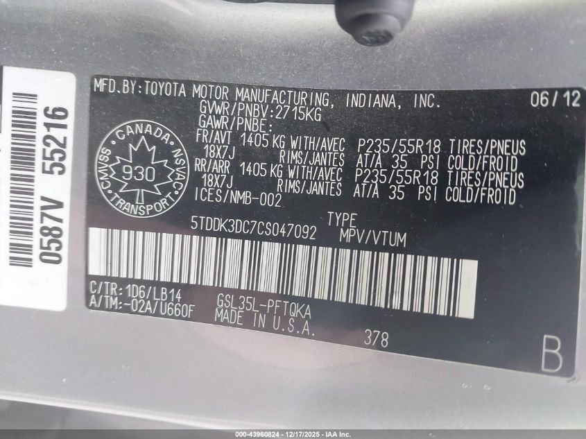 2012 Toyota Sienna Xle 7 Passenger VIN: 5TDDK3DC7CS047092 Lot: 43960824