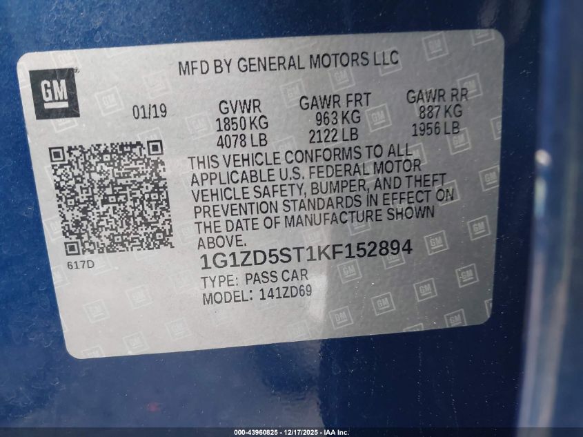 2019 Chevrolet Malibu Lt VIN: 1G1ZD5ST1KF152894 Lot: 43960825