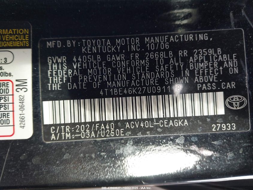 2007 Toyota Camry Xle VIN: 4T1BE46K27U091118 Lot: 43960827