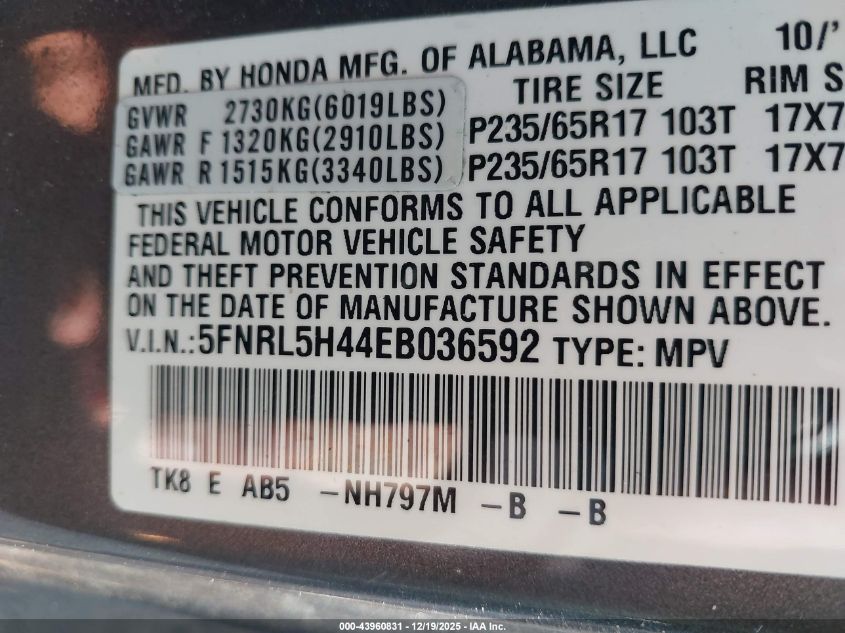 2014 Honda Odyssey Ex VIN: 5FNRL5H44EB036592 Lot: 43960831