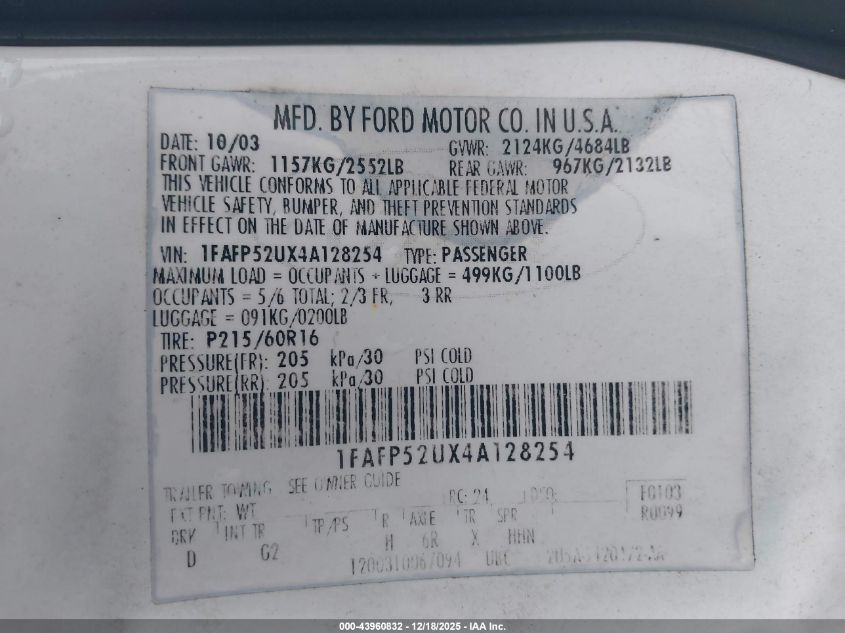 2004 Ford Taurus Lx VIN: 1FAFP52UX4A128254 Lot: 43960832