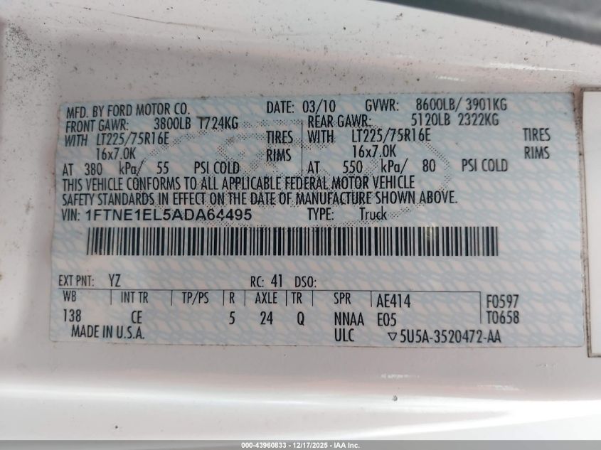 2010 Ford E-150 Commercial/Recreational VIN: 1FTNE1EL5ADA64495 Lot: 43960833