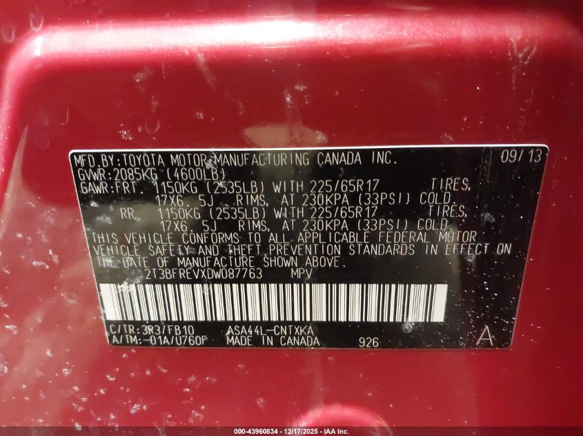 2013 Toyota Rav4 Le VIN: 2T3BFREVXDW087763 Lot: 43960834