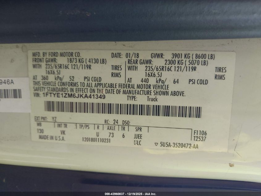 2018 Ford Transit-150 VIN: 1FTYE1ZM6JKA41349 Lot: 43960837