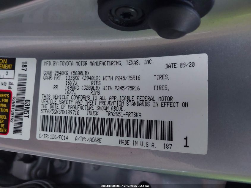 2021 Toyota Tacoma Sr5 VIN: 5TFAX5GN3MX189710 Lot: 43960838