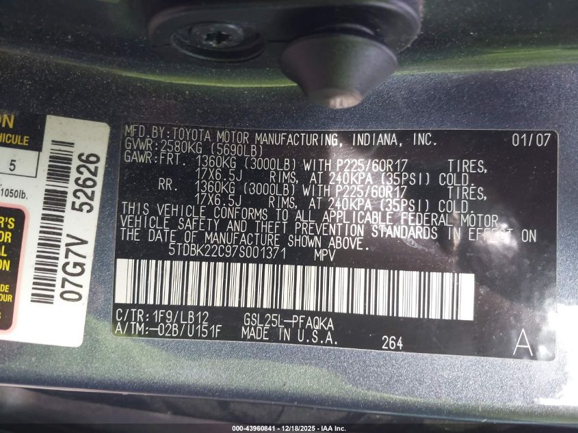 2007 Toyota Sienna Xle Limited VIN: 5TDBK22C97S001371 Lot: 43960841