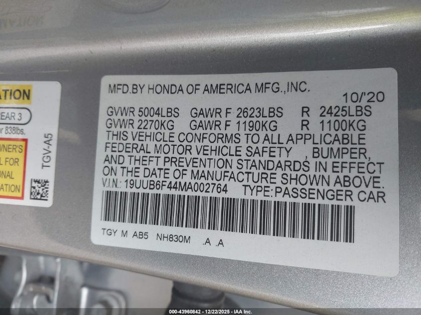 2021 Acura Tlx Technology Package VIN: 19UUB6F44MA002764 Lot: 43960842