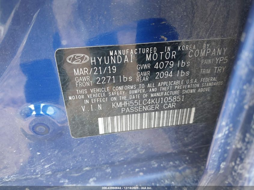 2019 Hyundai Elantra Gt N Line VIN: KMHH55LC4KU105851 Lot: 43960844