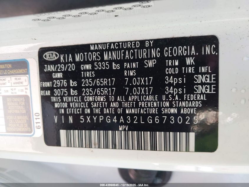 2020 Kia Sorento 2.4L L VIN: 5XYPG4A32LG673025 Lot: 43960845