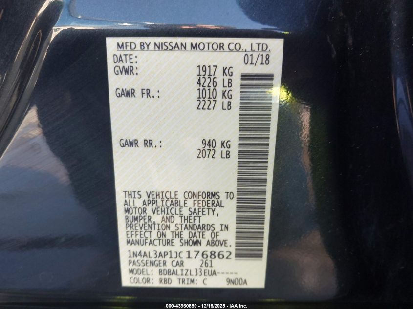 2018 Nissan Altima 2.5 Sv VIN: 1N4AL3AP1JC176862 Lot: 43960850