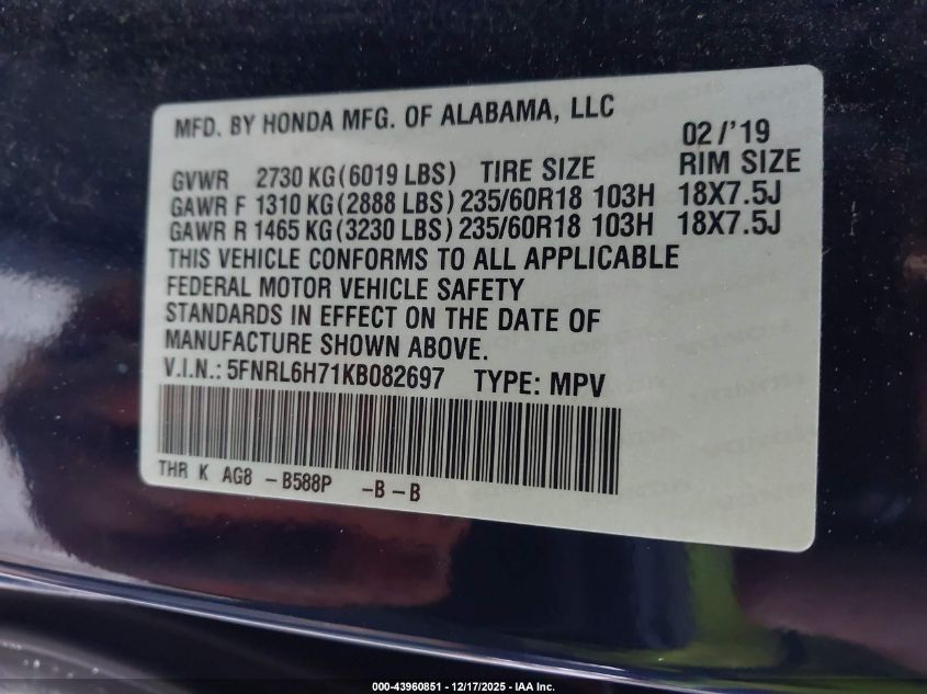 2019 Honda Odyssey Ex-L VIN: 5FNRL6H71KB082697 Lot: 43960851