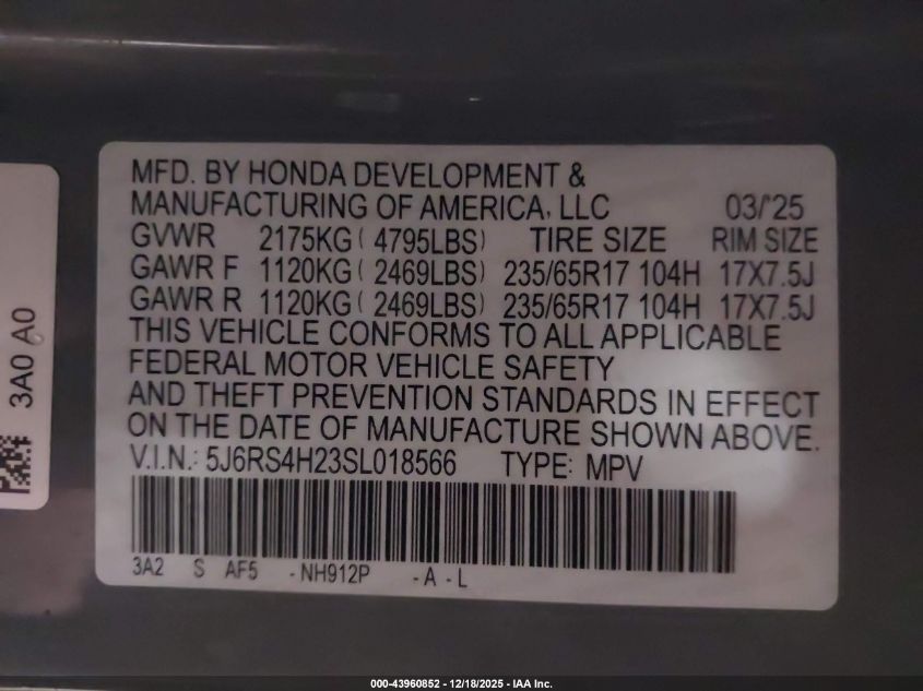 2025 Honda Cr-V Lx Awd VIN: 5J6RS4H23SL018566 Lot: 43960852
