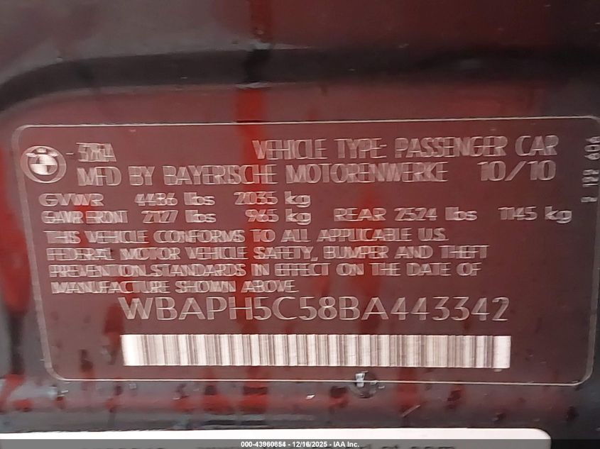 2011 BMW 328I VIN: WBAPH5C58BA443342 Lot: 43960854