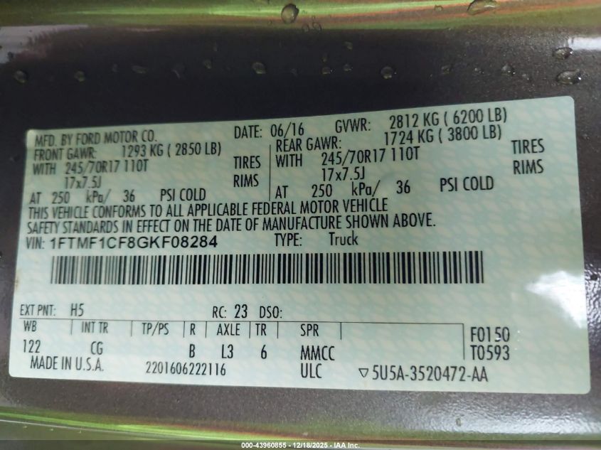 2016 Ford F-150 Xl VIN: 1FTMF1CF8GKF08284 Lot: 43960855