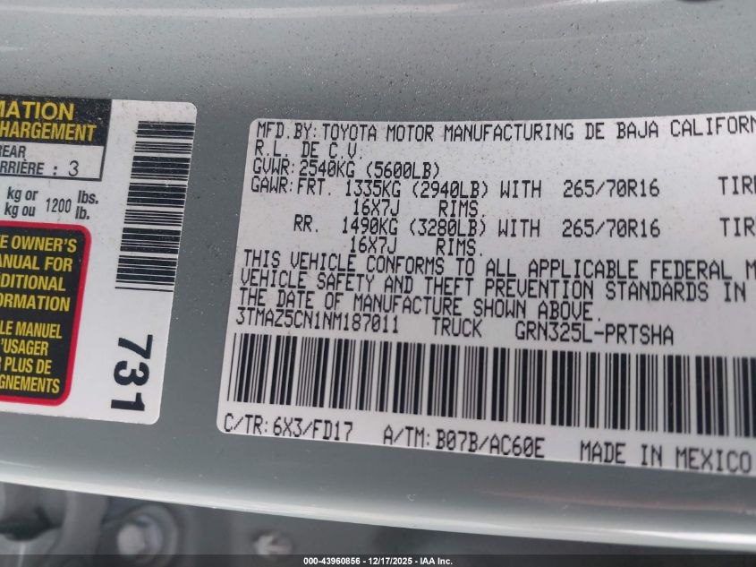 2022 Toyota Tacoma Trd Off Road VIN: 3TMAZ5CN1NM187011 Lot: 43960856