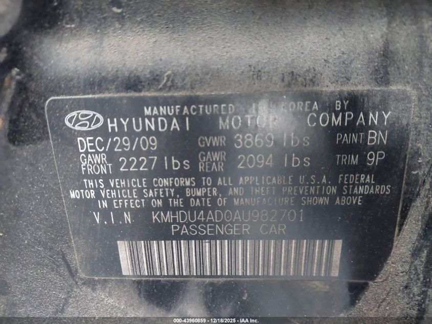 2010 Hyundai Elantra Se VIN: KMHDU4AD0AU982701 Lot: 43960859