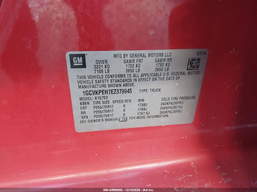 2014 Chevrolet Silverado 1500 Work Truck 1Wt VIN: 1GCVKPEH7EZ379945 Lot: 43960858