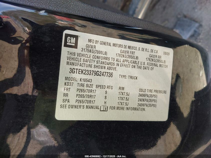 2009 GMC Sierra 1500 Sle VIN: 3GTEK23379G247736 Lot: 43960862