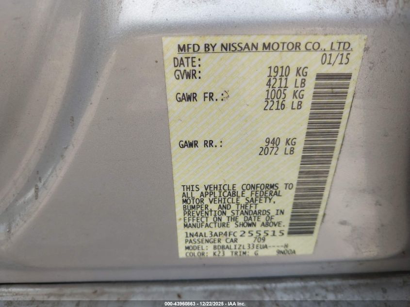 2015 Nissan Altima 2.5 Sv VIN: 1N4AL3AP4FC255515 Lot: 43960863