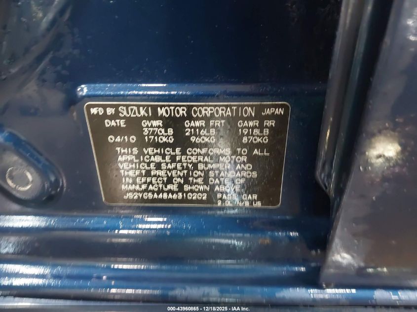 2010 Suzuki Sx4 Sport S/Sport Se VIN: JS2YC5A48A6310202 Lot: 43960865