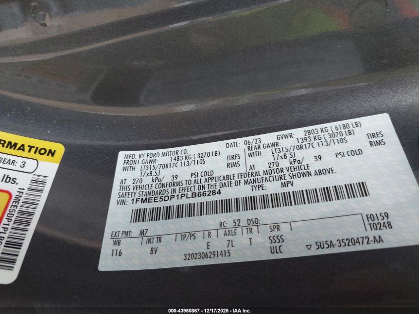 2023 Ford Bronco Badlands VIN: 1FMEE5DP1PLB66284 Lot: 43960867